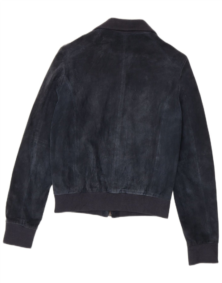 Jaqueta bomber feminina vintage de camurça Reino Unido 12 couro azul marinho médio