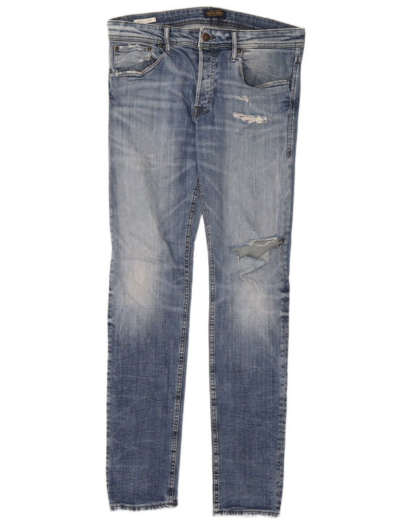 Jack & Jones Mens GLENN Distressed Slim Jeans W33 L34 Azul Algodão