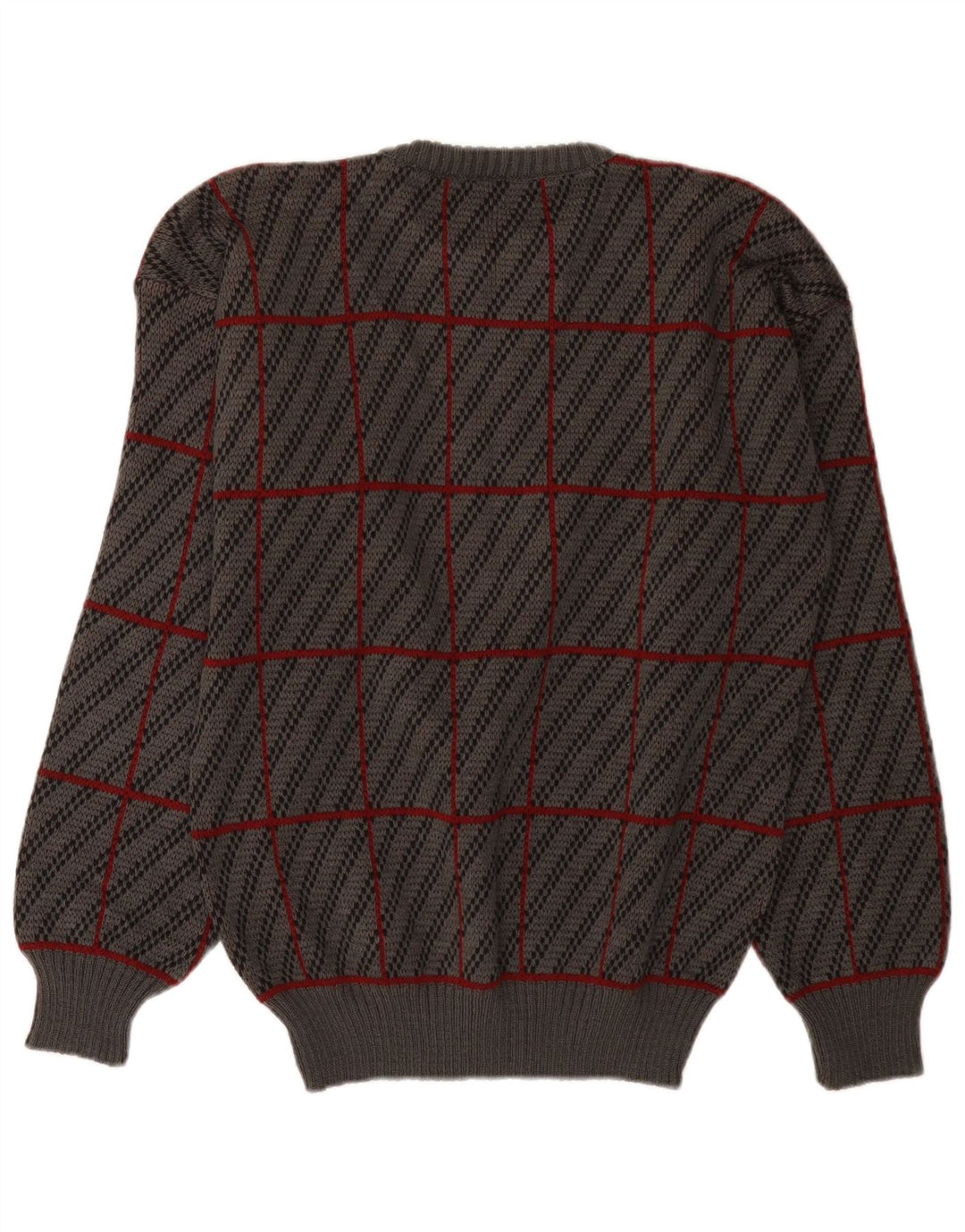 Suéter vintage masculino com gola redonda IT 50 acrílico xadrez cinza médio