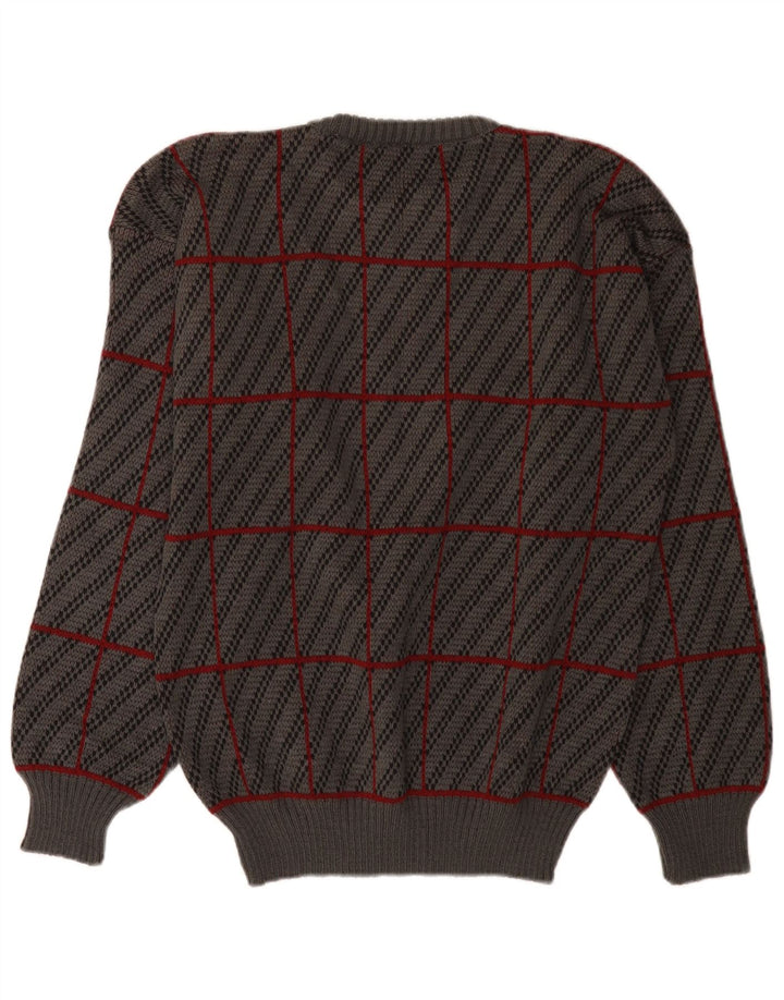 Suéter vintage masculino com gola redonda IT 50 acrílico xadrez cinza médio