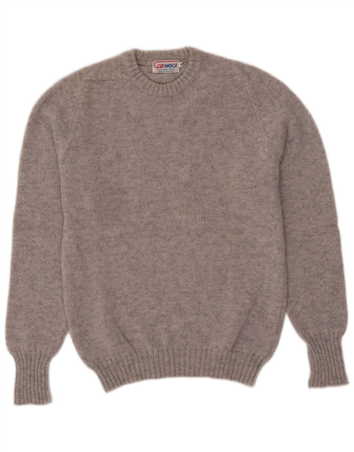 Suéter vintage masculino com gola redonda, lã cinza médio