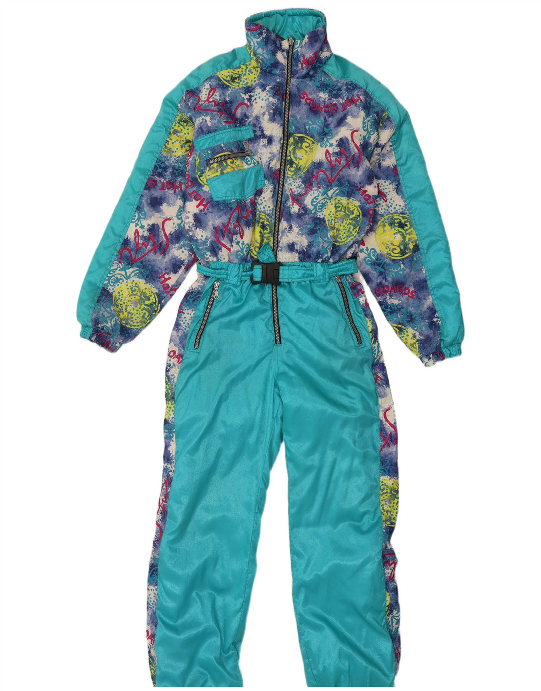 Macacão de esqui feminino vintage grande com capuz gráfico IT 44 médio turquesa