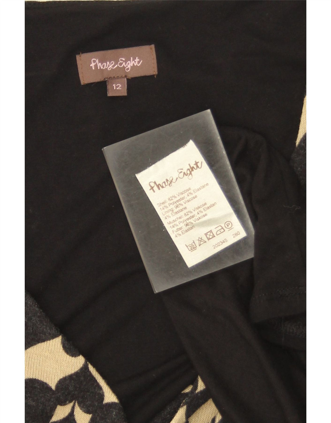 Vestido bainha feminino de manga comprida Phase Eight Reino Unido 12 médio preto geométrico