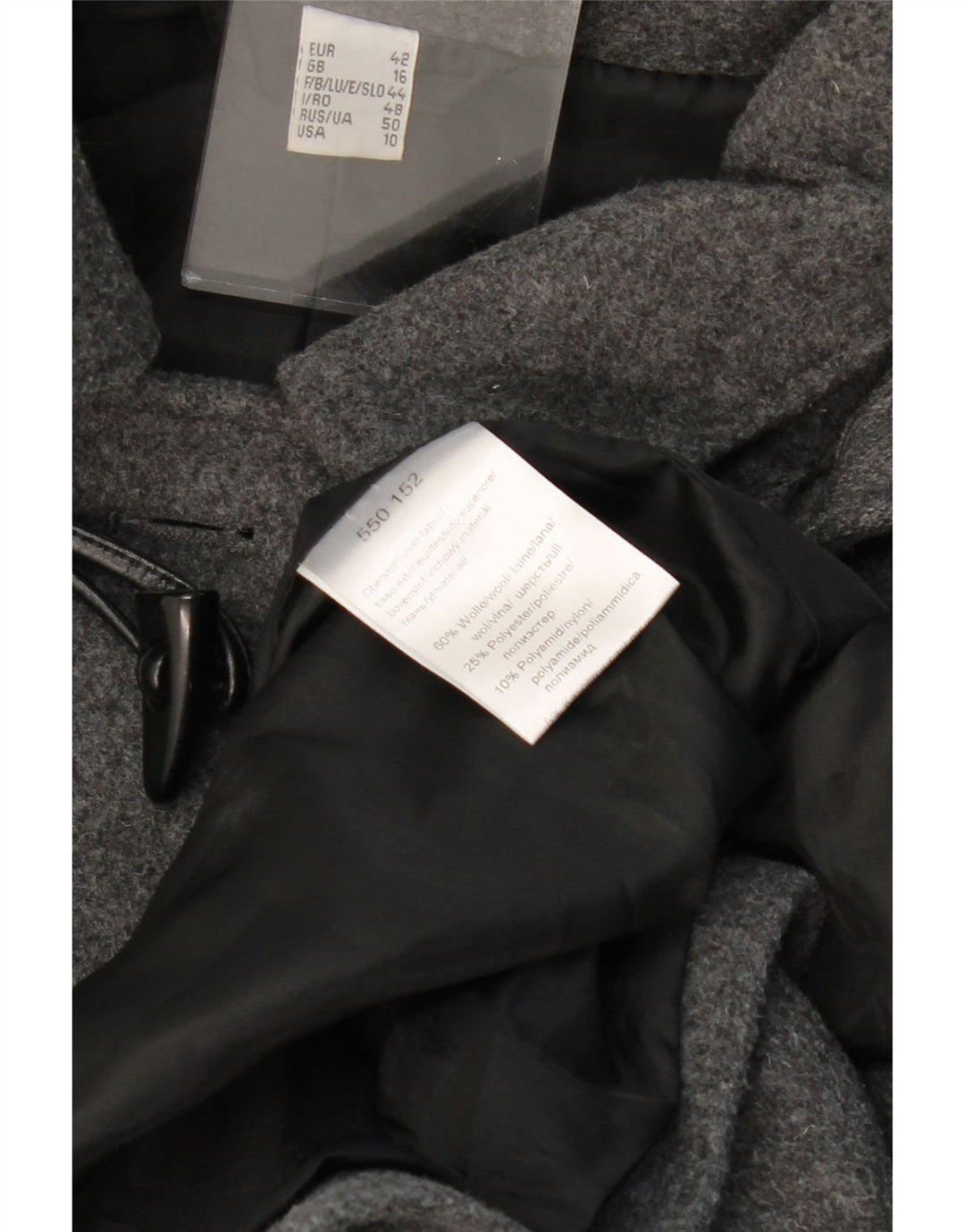 Casaco Duffle feminino com capuz VINTAGE Reino Unido 16 grande lã cinza