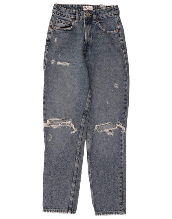 Zara Calça jeans feminina cintura alta desgastada EU 34 2XS W24 L27 azul