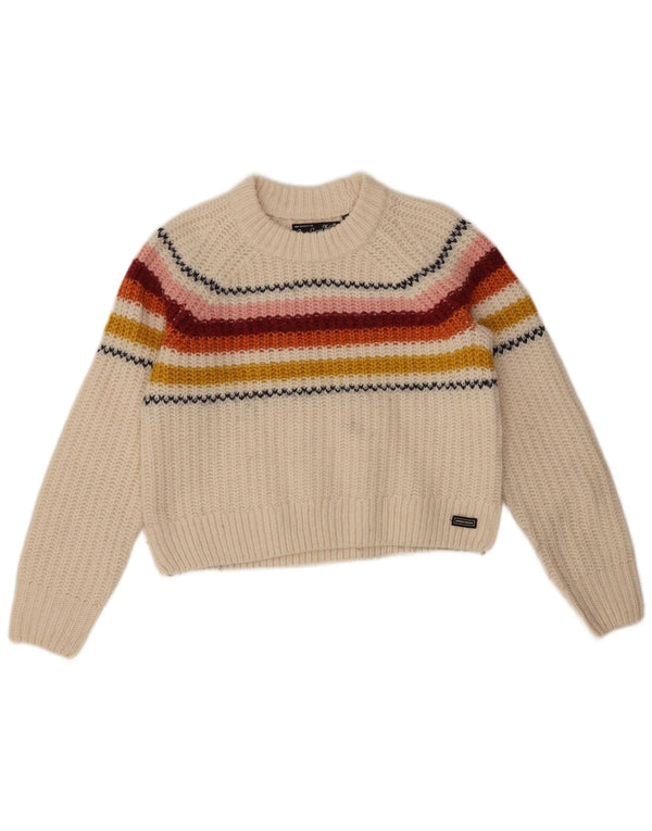 Suéter feminino Superdry com gola redonda e gola redonda, 8 listrado branco pequeno