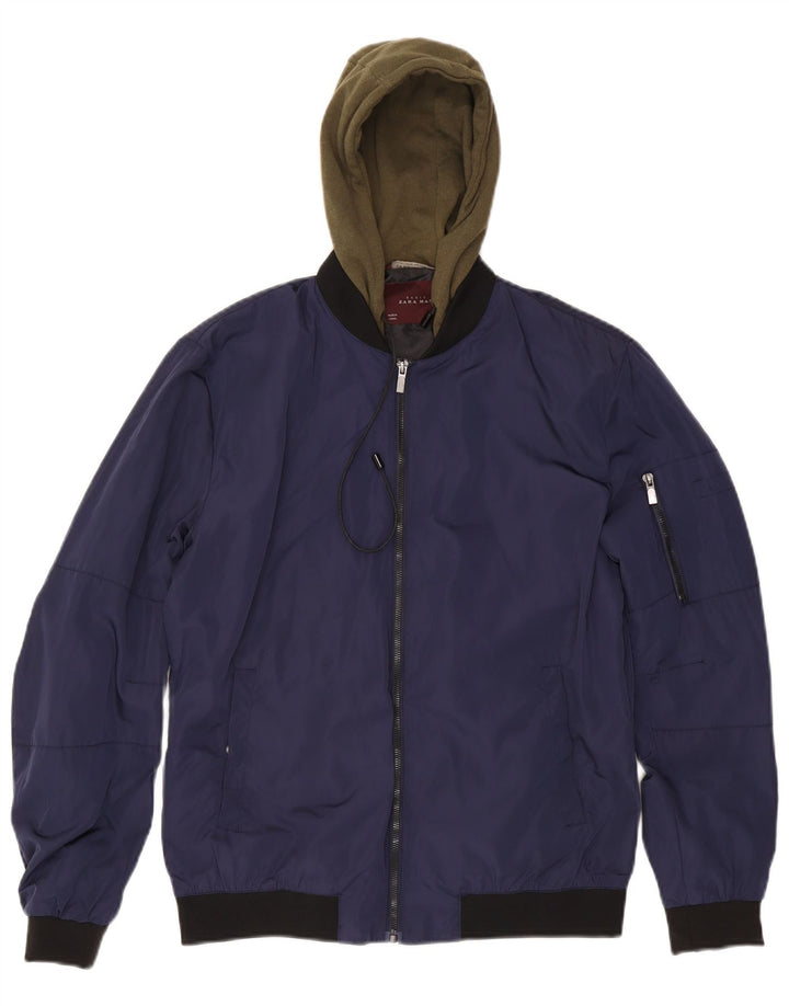 Jaqueta bomber masculina com capuz Zara UK 40 grande poliéster colorblock azul marinho