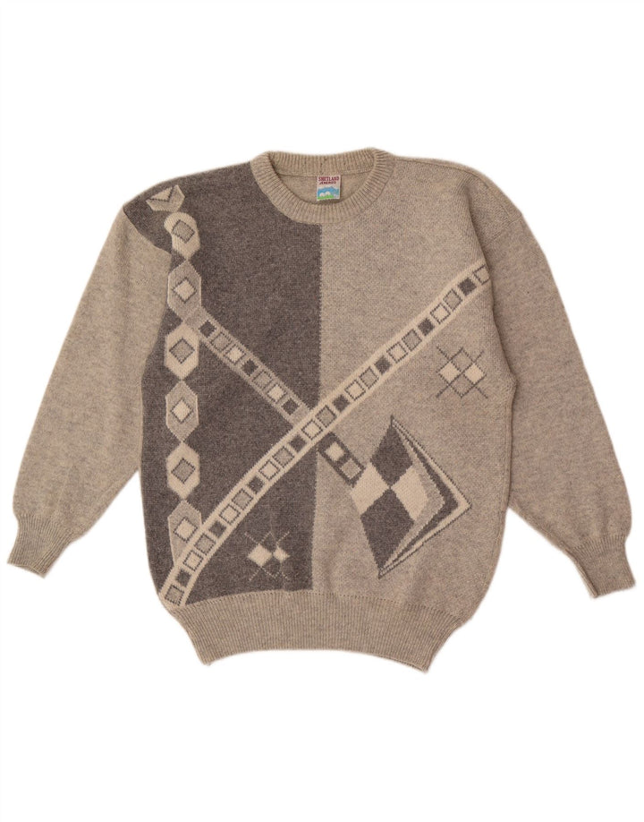 Suéter masculino Shetland Jeneros com gola redonda cinza médio geométrico