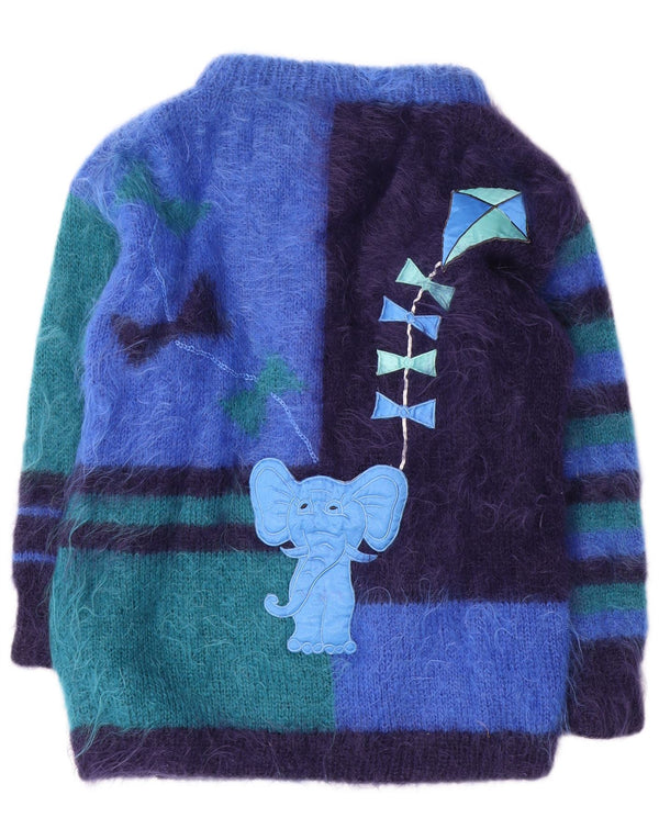 Suéter cardigã gráfico feminino vintage Reino Unido 16 grande bloco colorido azul