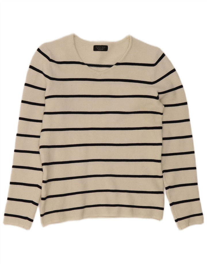 Suéter masculino Zara com decote em V pequeno listrado branco