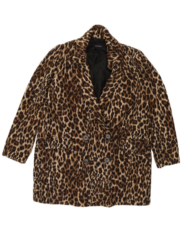 Casaco feminino Zara com peito duplo Reino Unido 16 grande algodão marrom com estampa animal