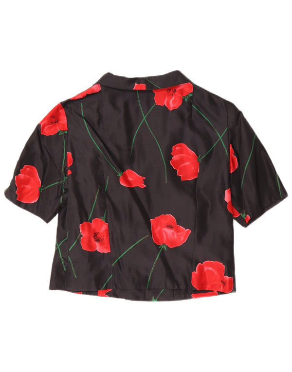Cardigan feminino vintage de manga curta cropped UK 12 médio preto floral