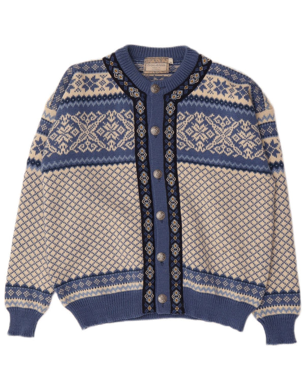Suéter cardigã masculino vintage médio azul Fair Isle