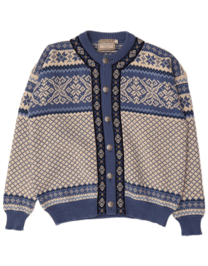 Suéter cardigã masculino vintage médio azul Fair Isle