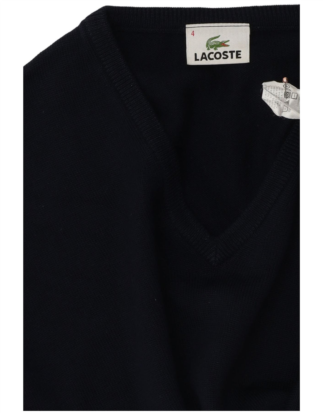 Suéter masculino Lacoste com decote em V tamanho 4 médio azul marinho lã virgem