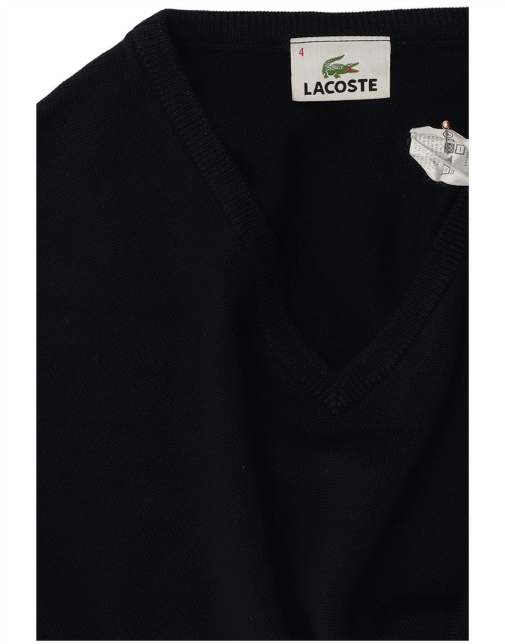 Suéter masculino Lacoste com decote em V tamanho 4 médio azul marinho lã virgem