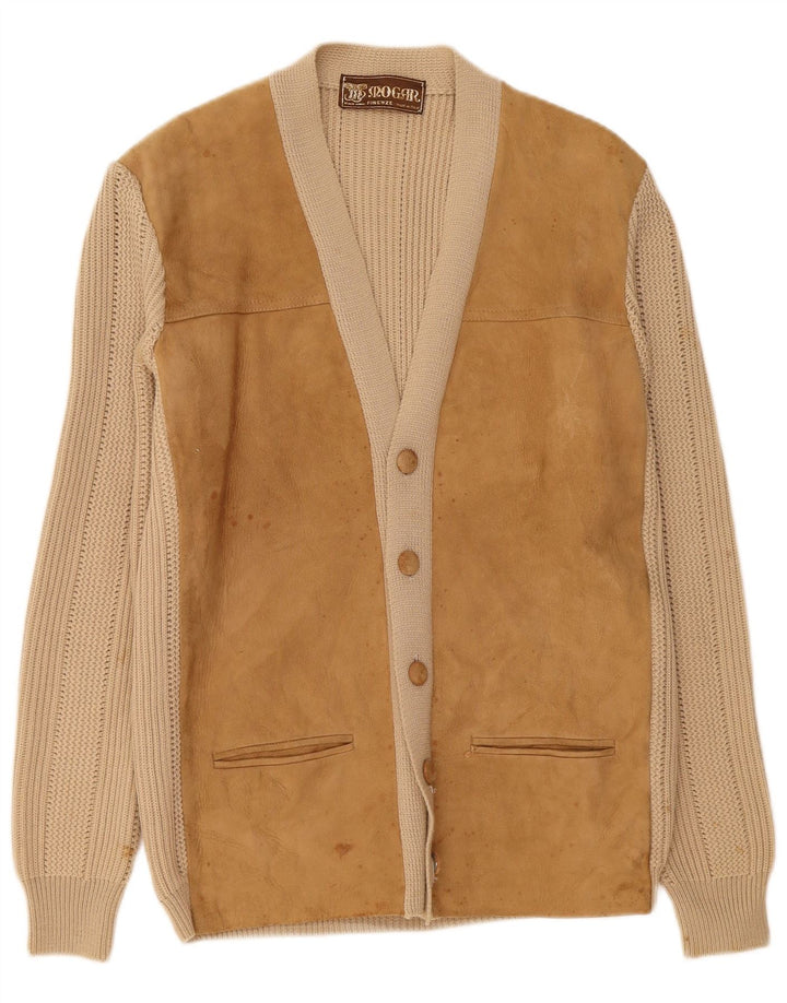 Suéter cardigã masculino vintage IT 50 couro bege médio