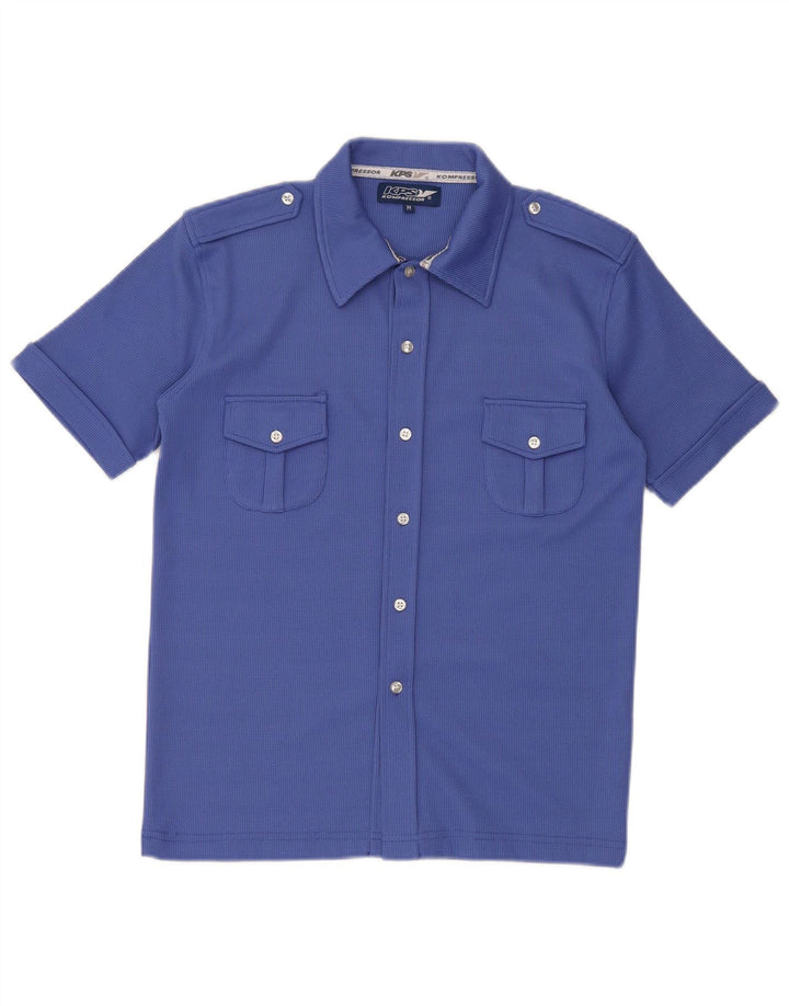 Camisa militar de manga curta masculina vintage poliéster azul médio