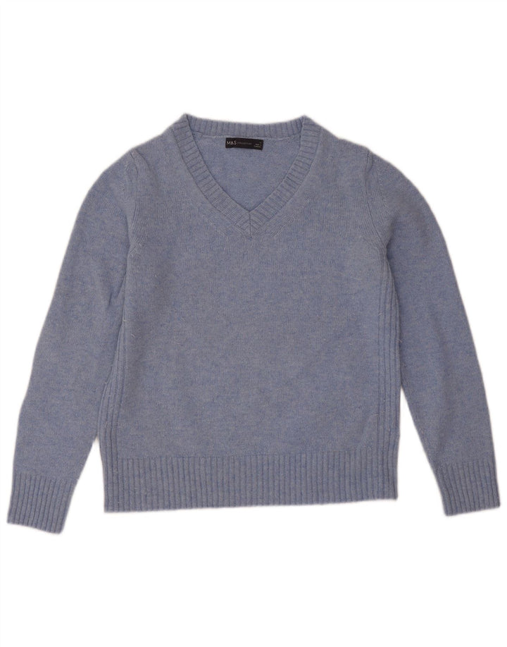 Suéter feminino Marks & Spencer com decote em V Reino Unido 12 lã de cordeiro azul médio