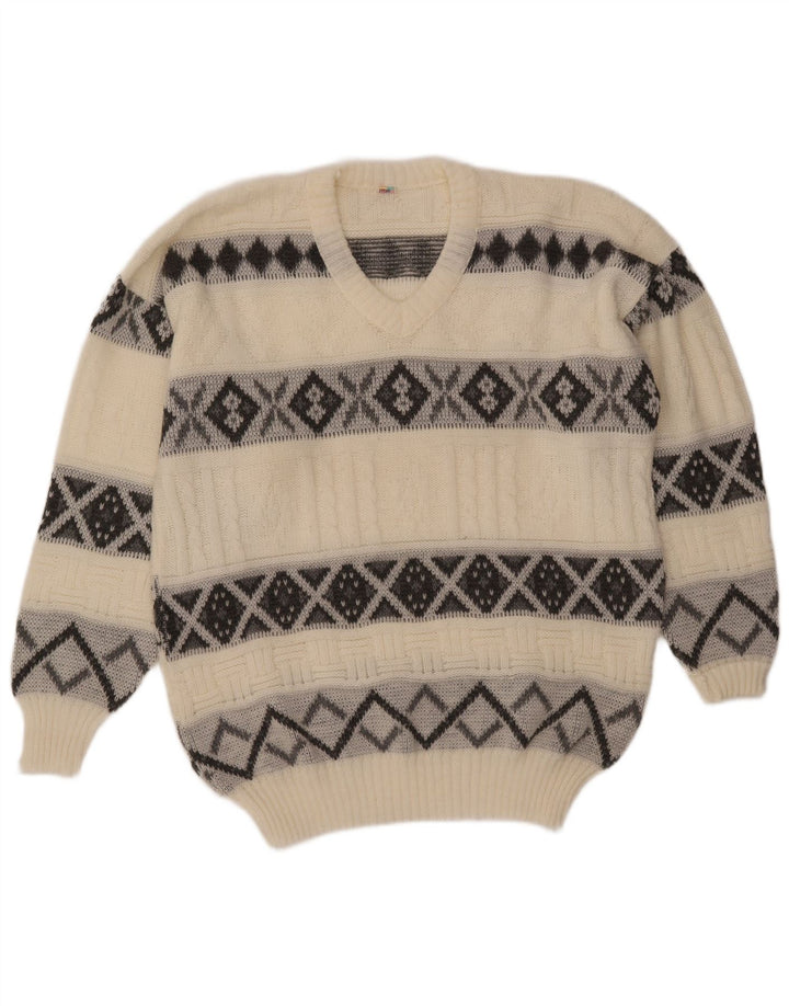 Suéter masculino VINTAGE com decote em V grande off white Fair Isle