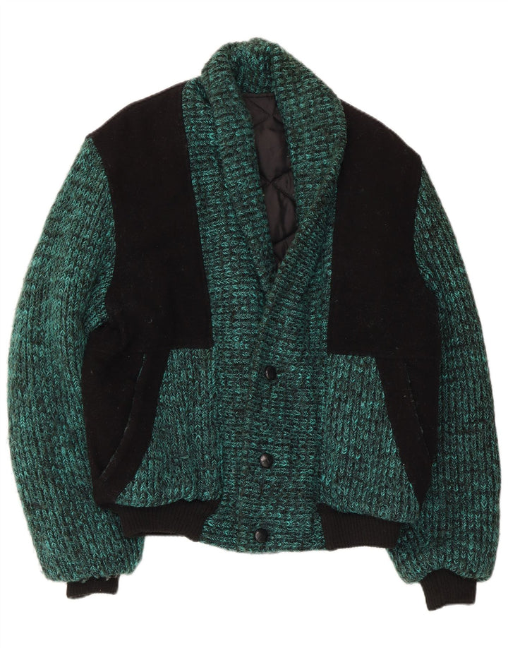 Jaqueta bomber vintage masculina de malha UK 38 bloco colorido verde médio
