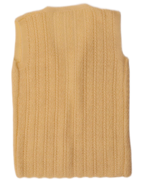 Suéter cardigã aberto sem mangas feminino vintage Reino Unido 12 amarelo médio