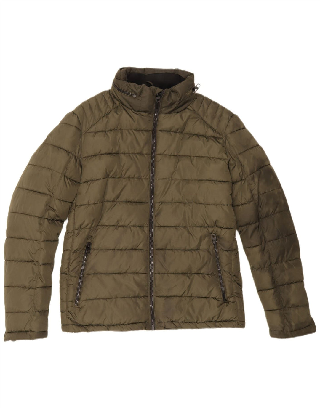 Jaqueta acolchoada com capuz masculina Zara UK 40 poliéster cáqui grande