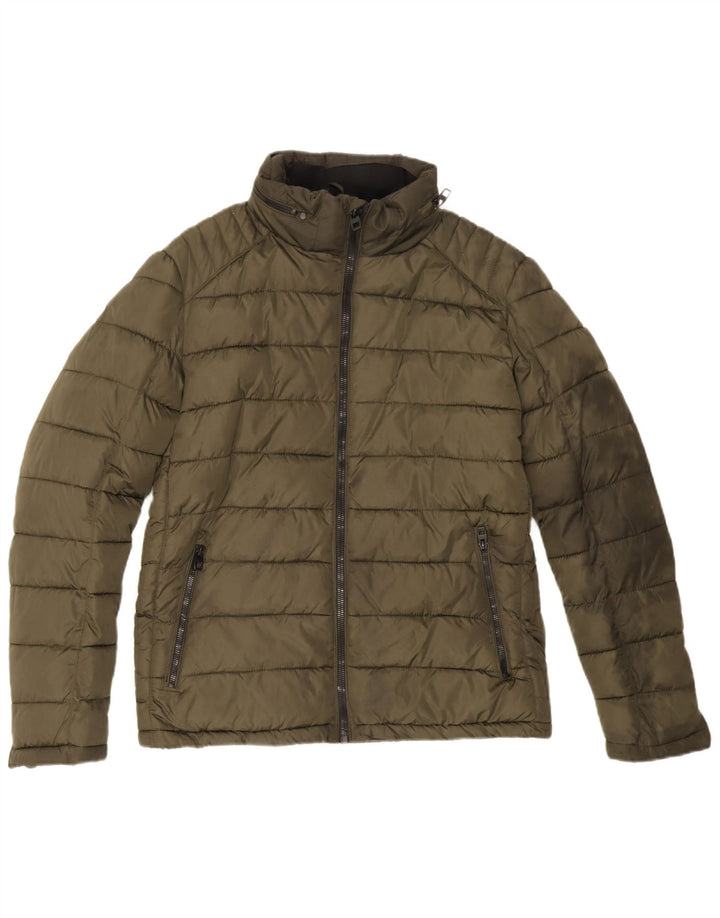 Jaqueta acolchoada com capuz masculina Zara UK 40 poliéster cáqui grande