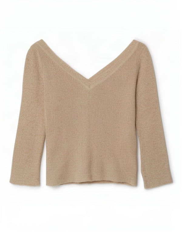 Suéter feminino Zara com manga 3/4 e decote em V Reino Unido 14 grande bege manchado