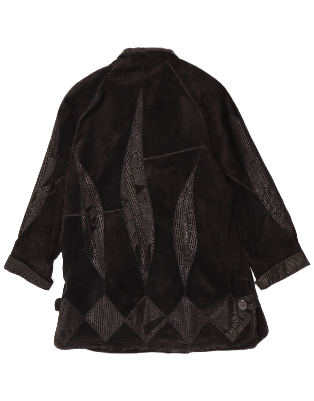 Sobretudo feminino vintage de camurça oversized UE 42 couro geométrico preto grande