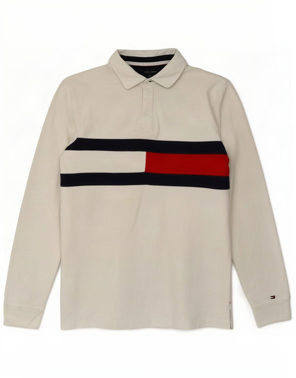 Camisa polo masculina de rugby de manga comprida Tommy Hilfiger médio branco colorblock
