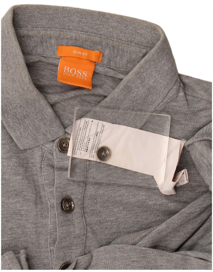 Camisa polo masculina Hugo Boss Slim Fit pequena de algodão cinza