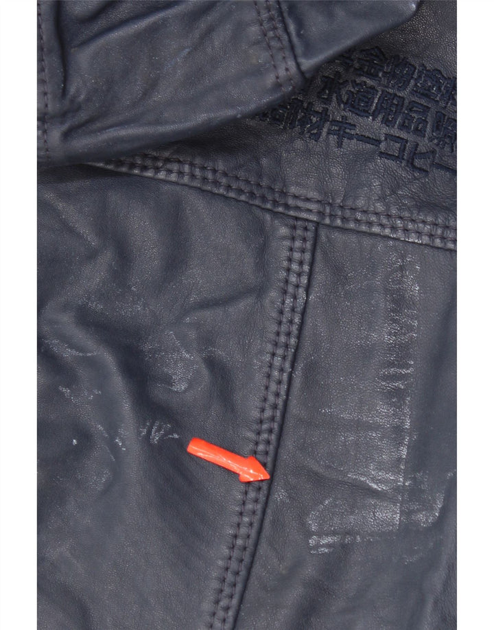 Jaqueta de couro com capuz feminino Superdry Reino Unido 14 couro azul marinho médio