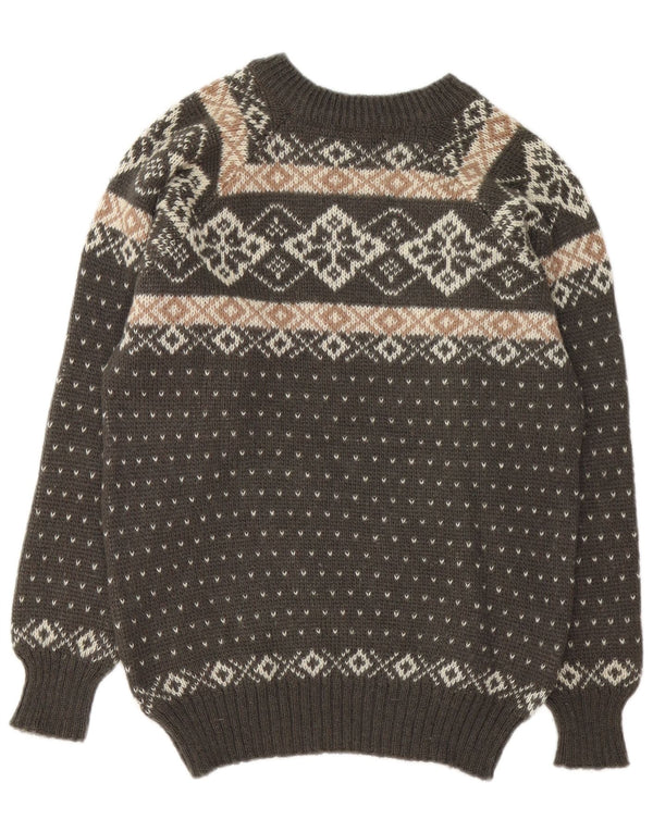 Suéter vintage masculino com gola redonda pequeno marrom Fair Isle