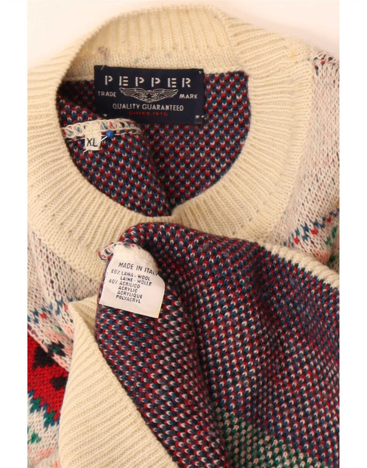 Suéter vintage masculino com gola redonda XL de lã geométrica multicolorida