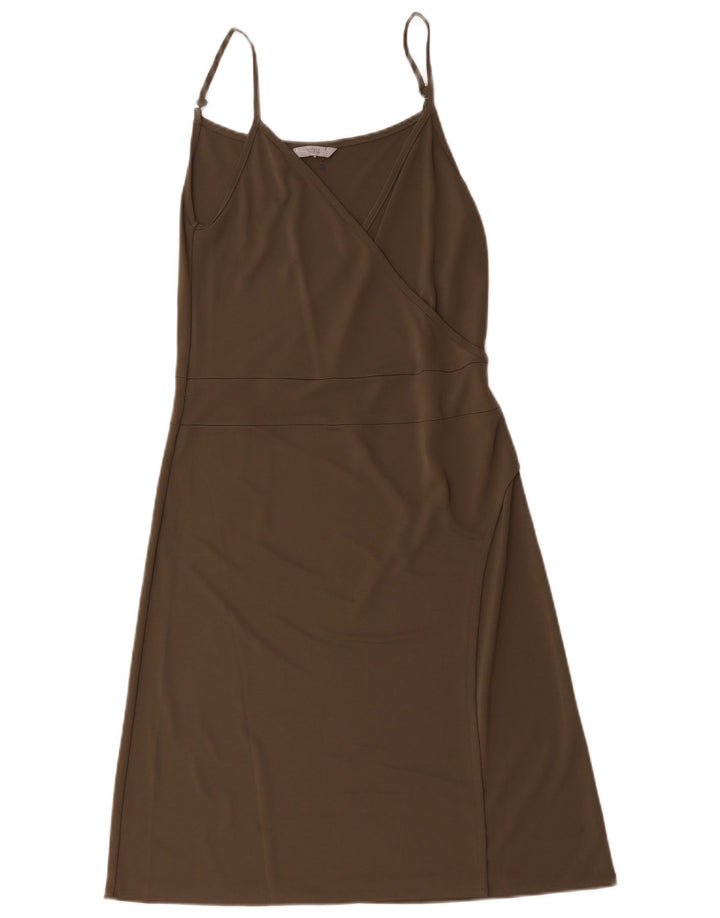 Vestido feminino Marks & Spencer sem mangas evasê Reino Unido 12 médio cáqui
