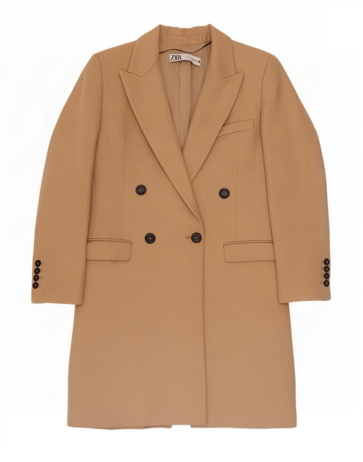 Casaco feminino Zara com peito duplo UK 10 pequeno poliéster bege