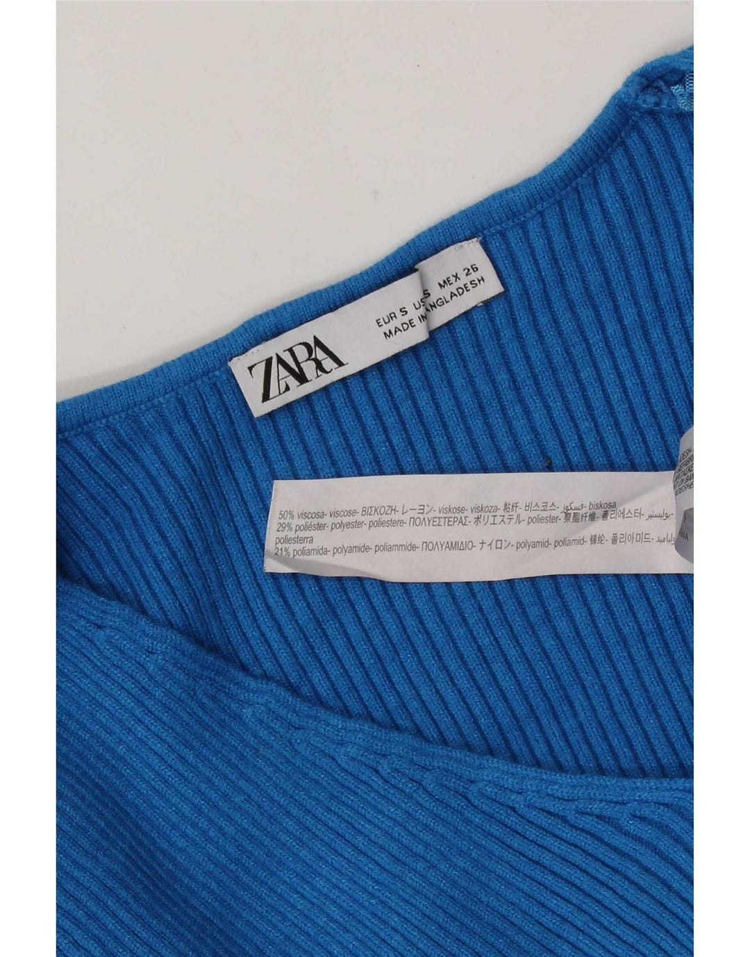 Zara Top feminino de manga comprida UK 10 viscose azul pequena