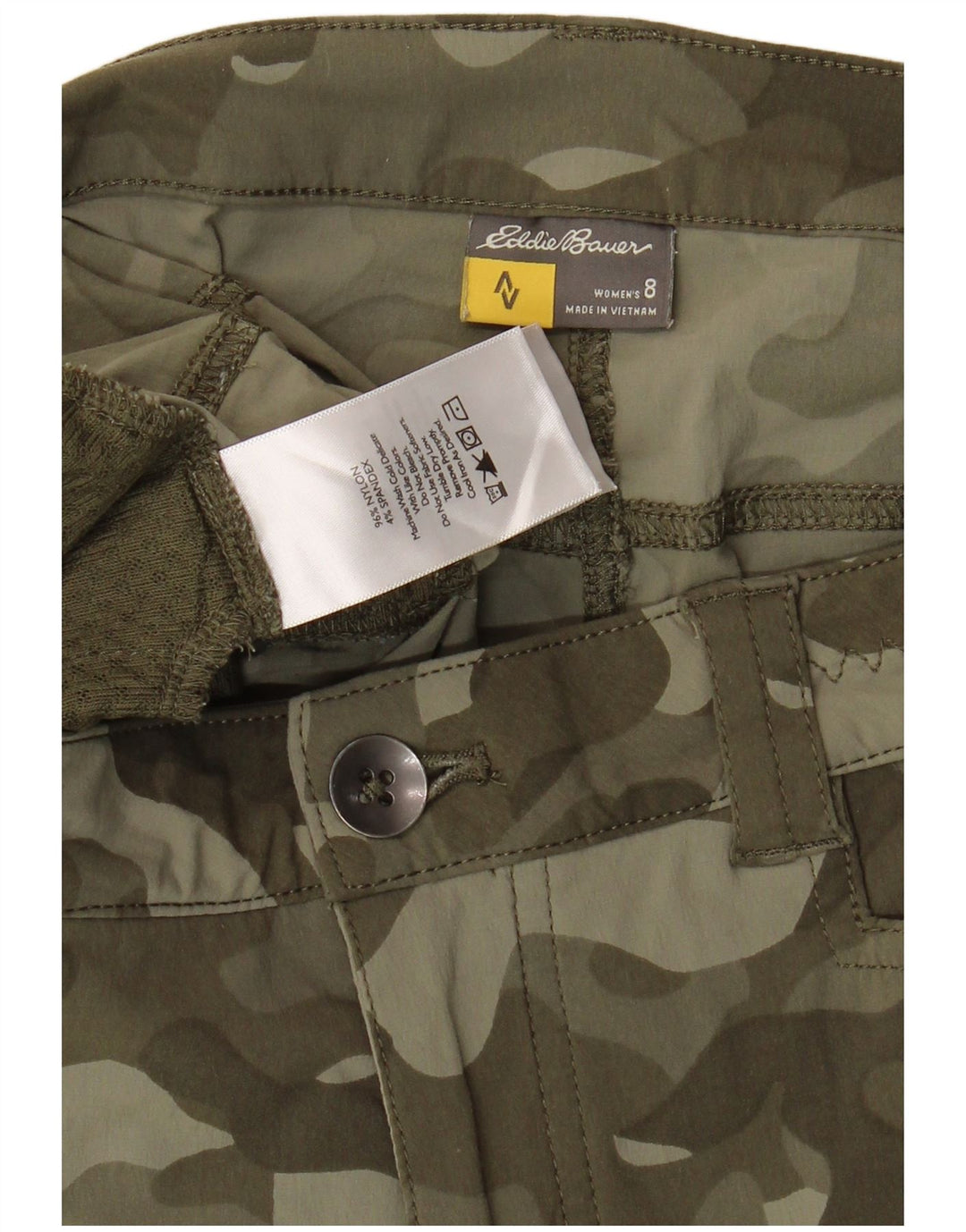 Shorts cargo feminino Eddie Bauer US 8 médio W32 cáqui camuflado nylon