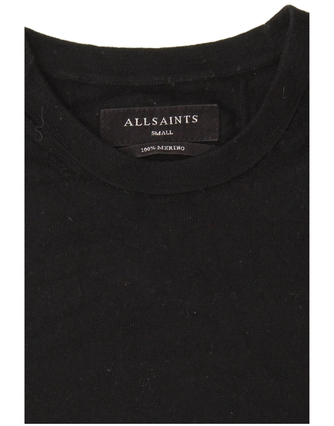 ALL SAINTS Suéter masculino com gola redonda, pequeno, lã merino preta
