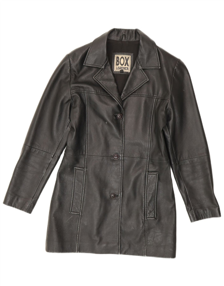 Casaco de couro feminino vintage Reino Unido 14 couro preto médio