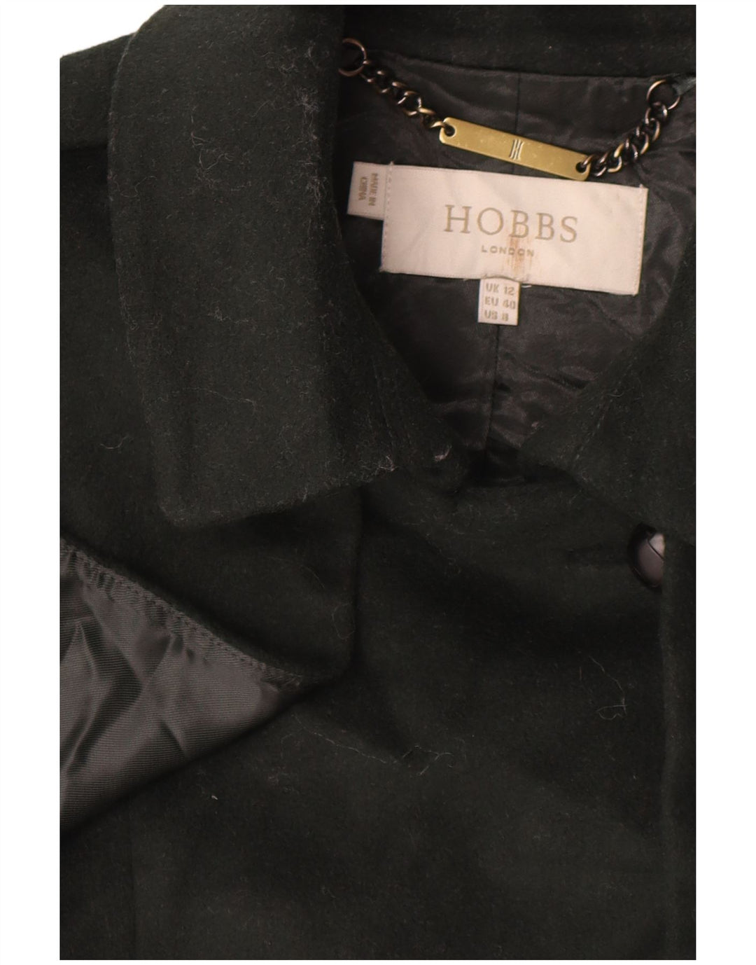 Casaco feminino Hobbs militar duplo breasted Reino Unido 12 lã verde médio