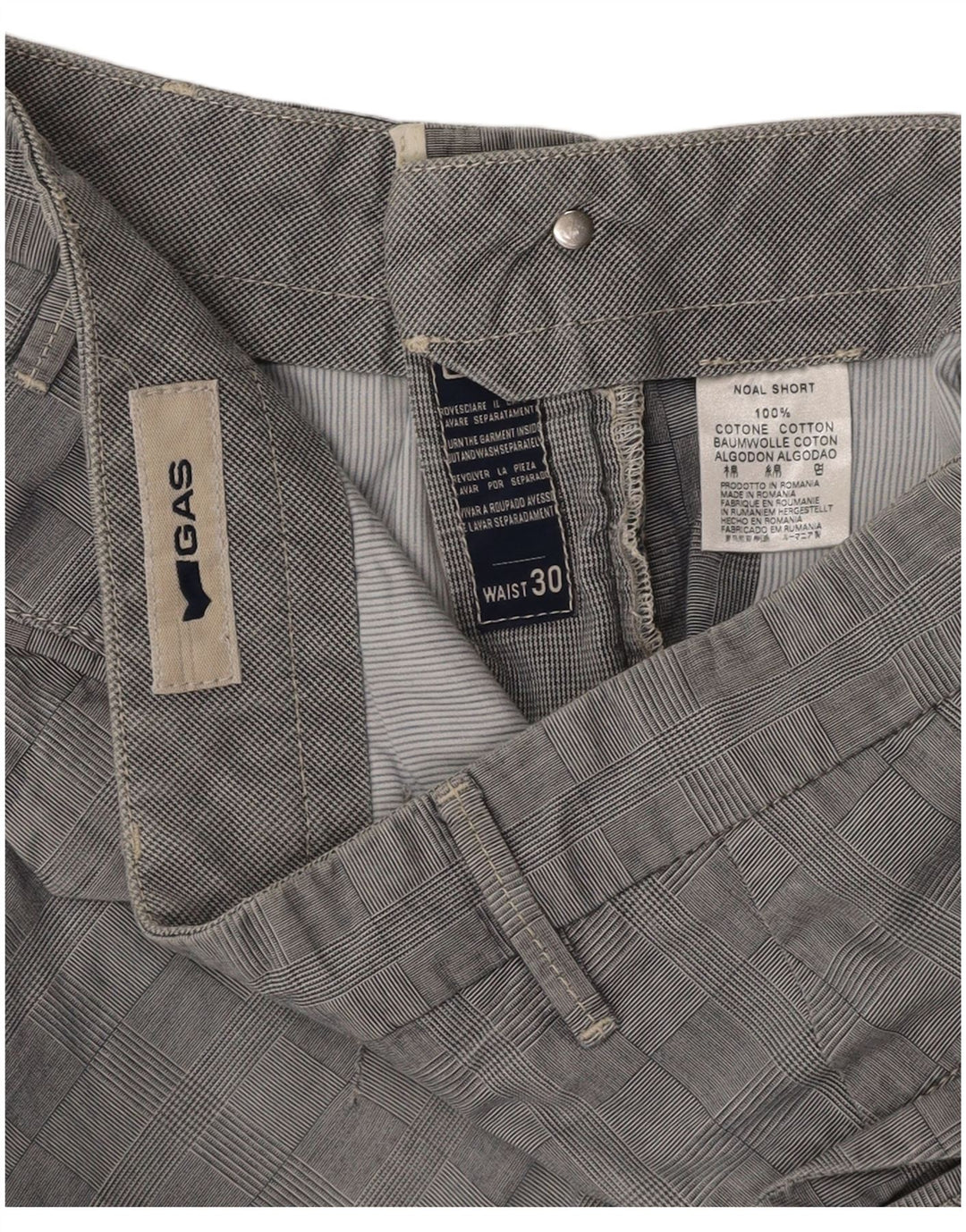 GAS Mens Chino Shorts W30 Algodão Xadrez Cinza Médio