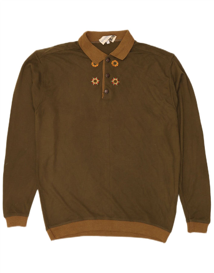 Suéter masculino VINTAGE com gola polo grande acrílico cáqui