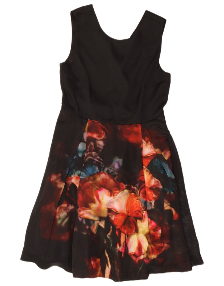 Vestido feminino Ted Baker sem mangas evasê tamanho 3 médio preto floral