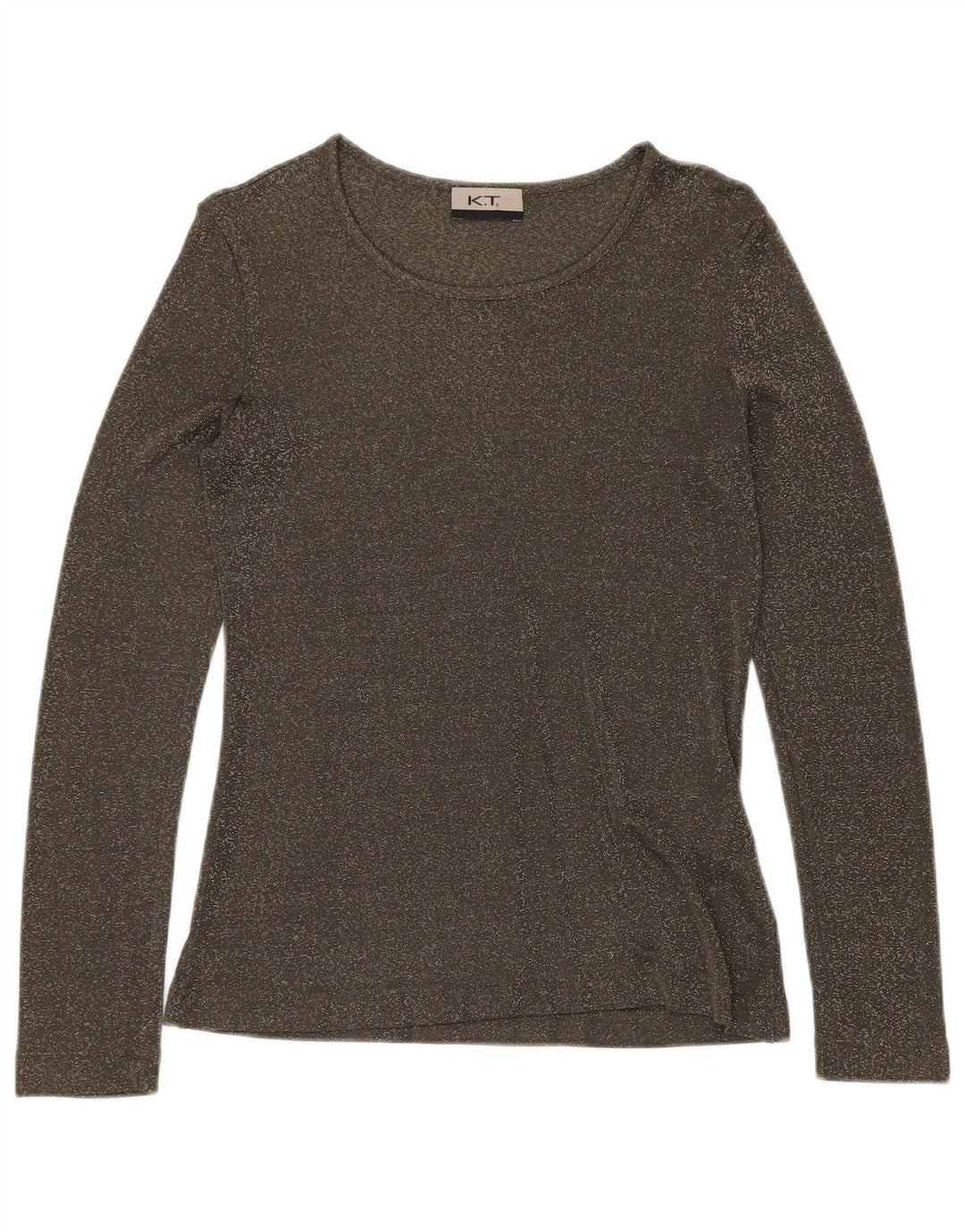 Top feminino VINTAGE manga comprida Reino Unido 12 viscose manchada verde médio