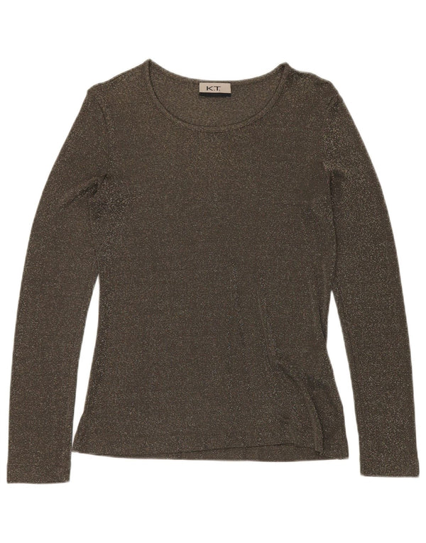 Top feminino VINTAGE manga comprida Reino Unido 12 viscose manchada verde médio