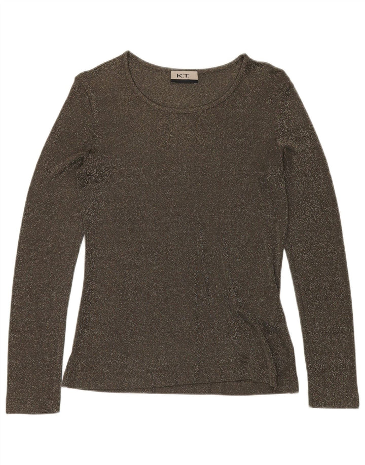 Top feminino VINTAGE manga comprida Reino Unido 12 viscose manchada verde médio