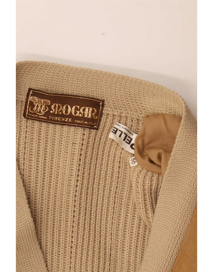 Suéter cardigã masculino vintage IT 50 couro bege médio