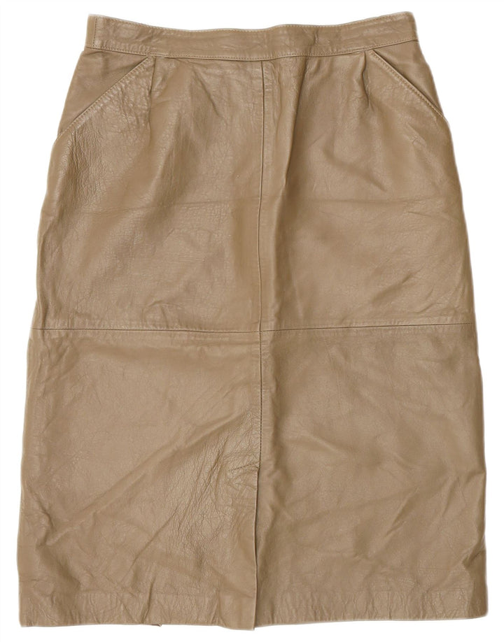 Saia de couro feminina vintage IT 44 médio W28 cáqui